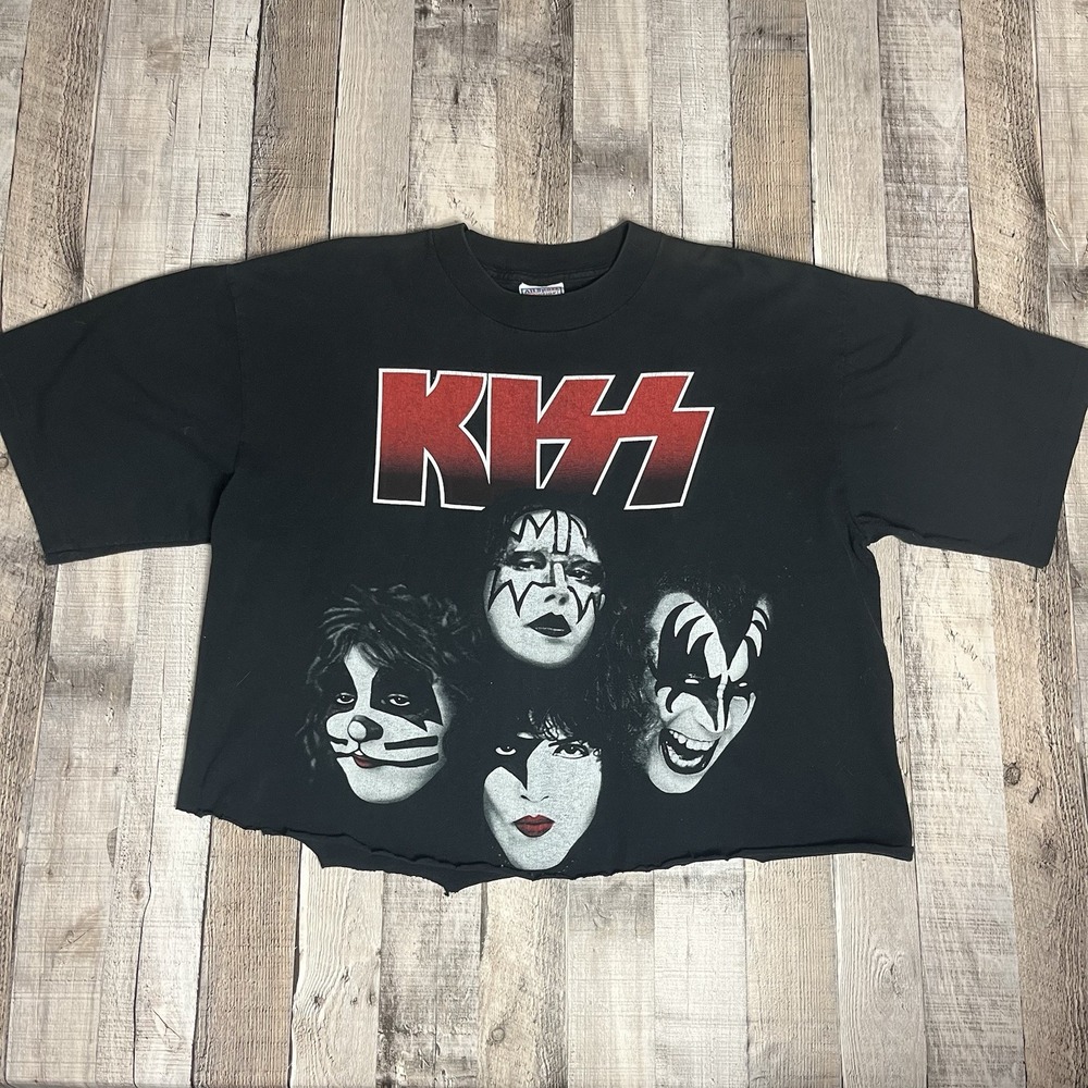 Kiss Shirt Women's XL Black Cropped Vintage 90s Band Tee All Sport